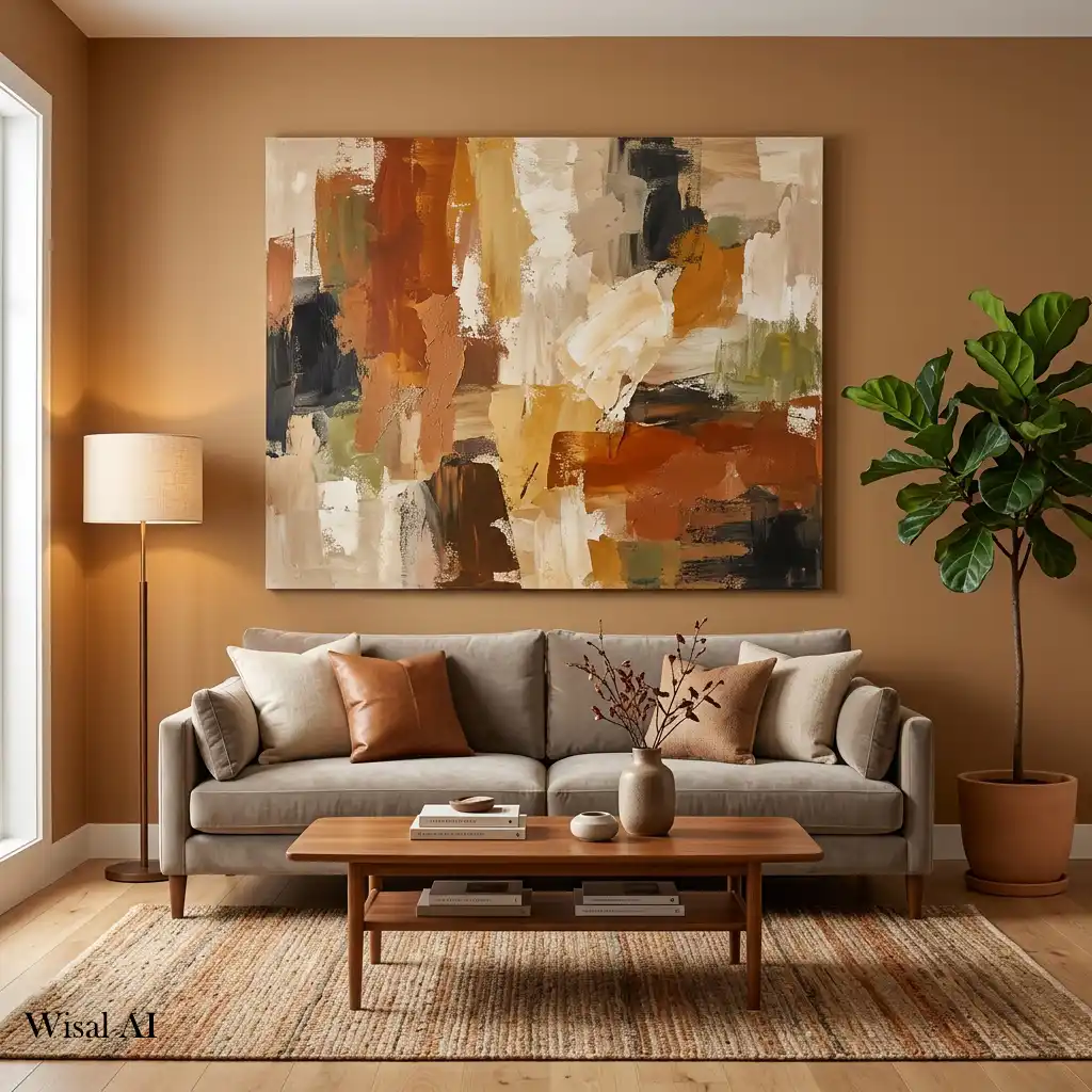 Modern living room with oversized artwork and caramel color accents.