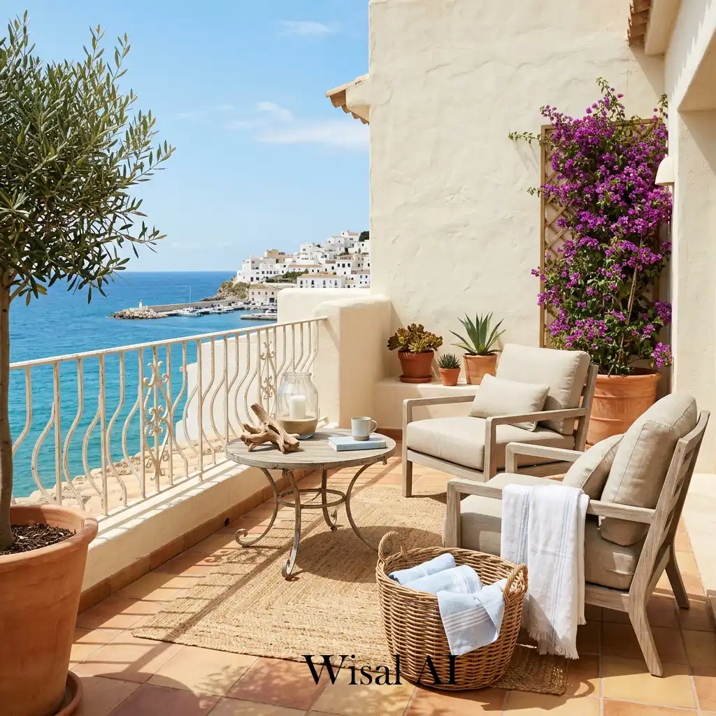 Coastal-inspired terracotta balcony with airy natural materials