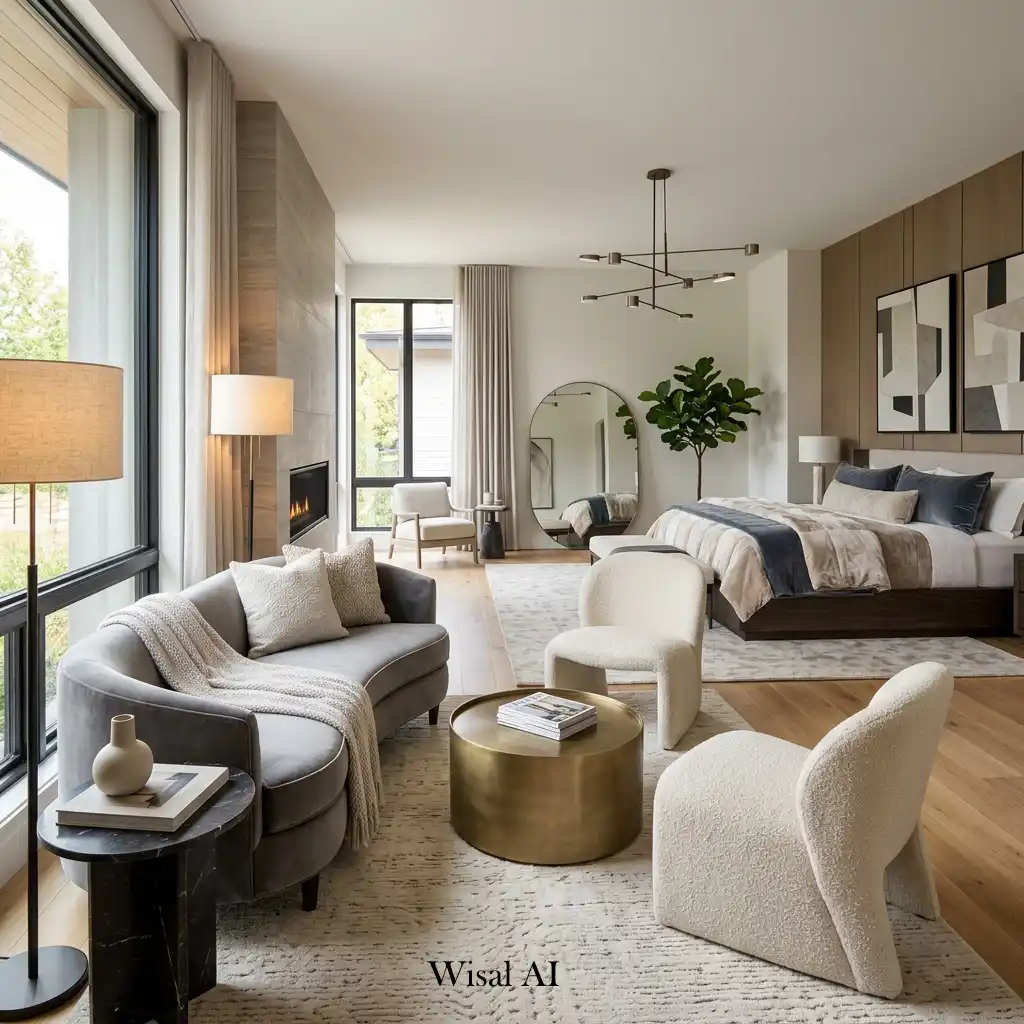 Luxury bedroom with a comfortable lounge seating area and designer furniture