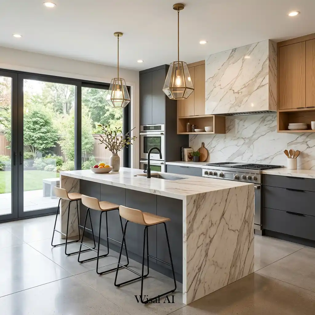 Modern kitchen featuring two-tone cabinets and luxury stone surfaces