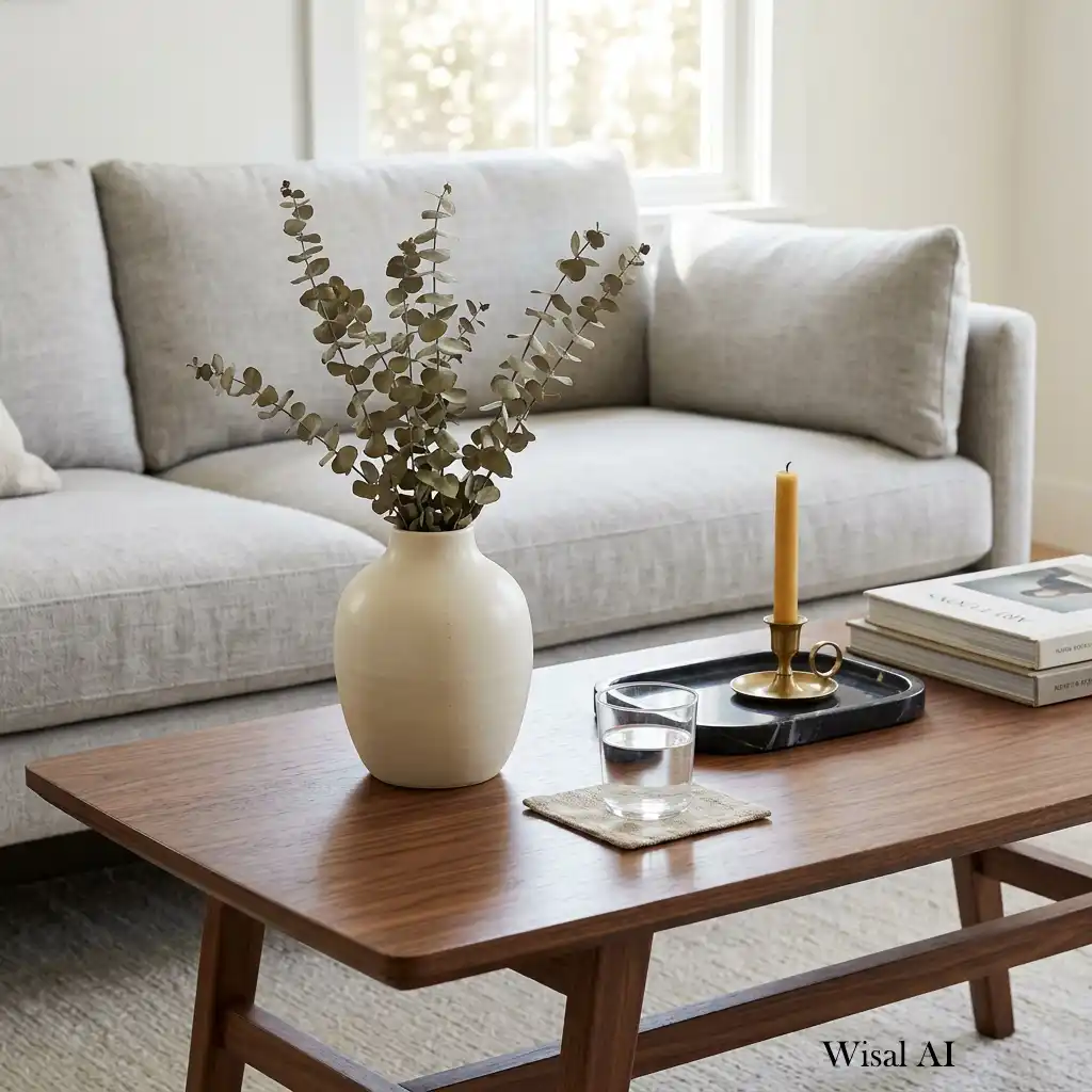 Walnut coffee table styled with ceramic vases, books, and marble accessories.