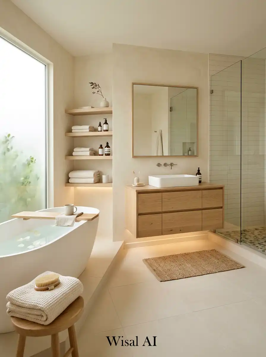 Spa-inspired bathroom with cream walls and light oak wood natural accents.