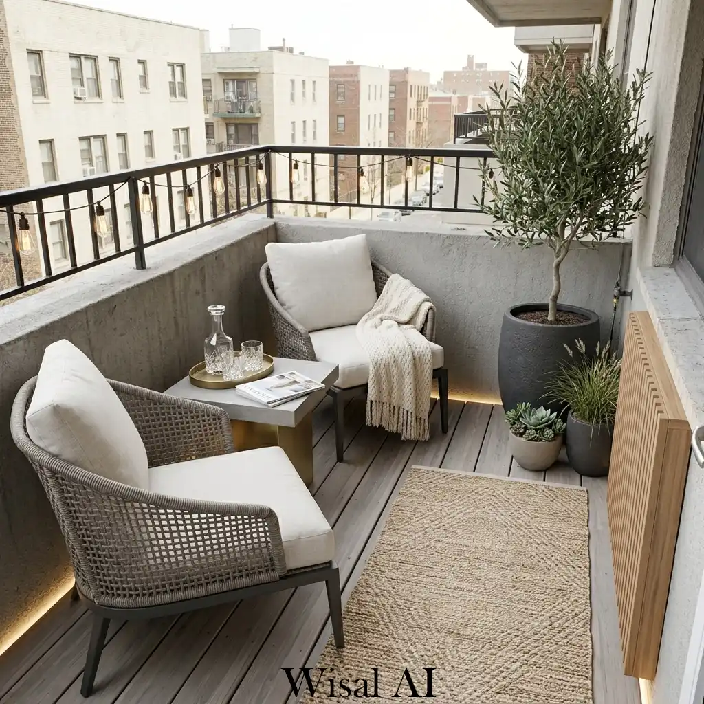 Luxury hotel-inspired balcony with elegant outdoor lounge furniture