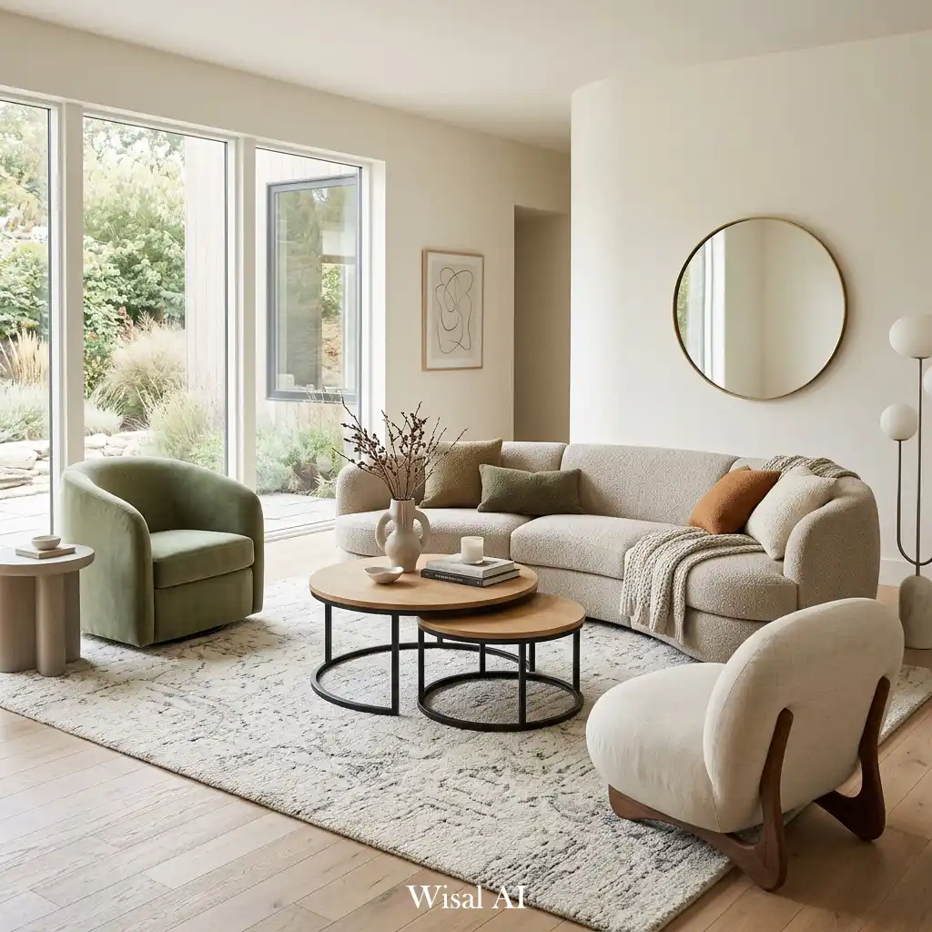 Modern living room with curved sofa and organic soft furniture shapes
