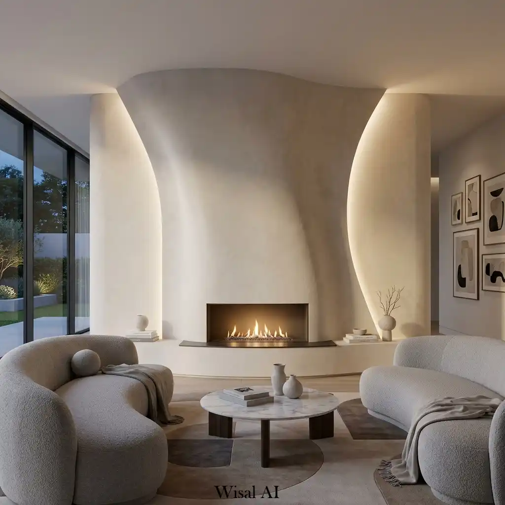 Sculptural curved fireplace wall with organic contemporary styling