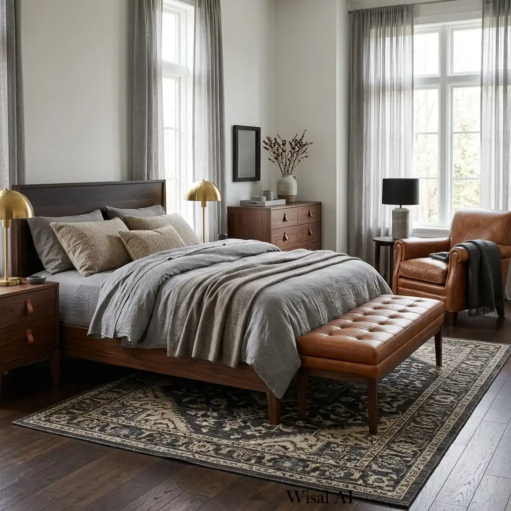 Dark wood bedroom with cognac leather accents and warm neutral textiles.