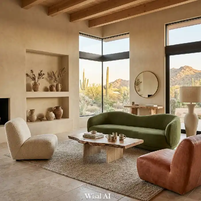 Desert modern olive green living room with earthy tones, travertine accents, and sculptural decor