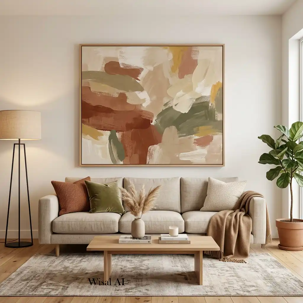 Oversized abstract artwork above a butter yellow sofa in a modern living room.