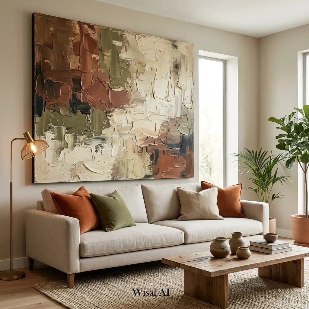 Oversized abstract artwork above a Mocha Mousse sofa in a luxury living room.