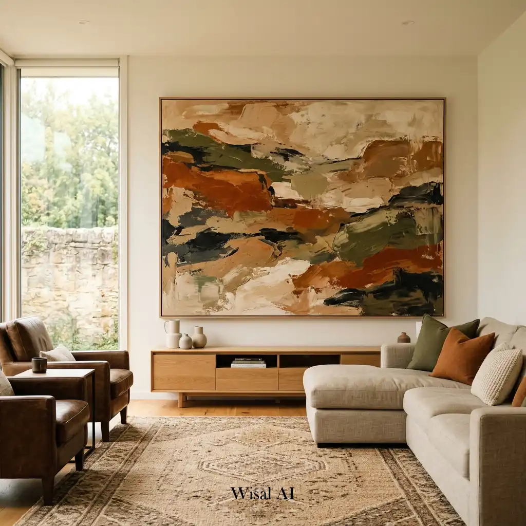 Modern living room with oversized earthy artwork above a cinnamon brown sofa.