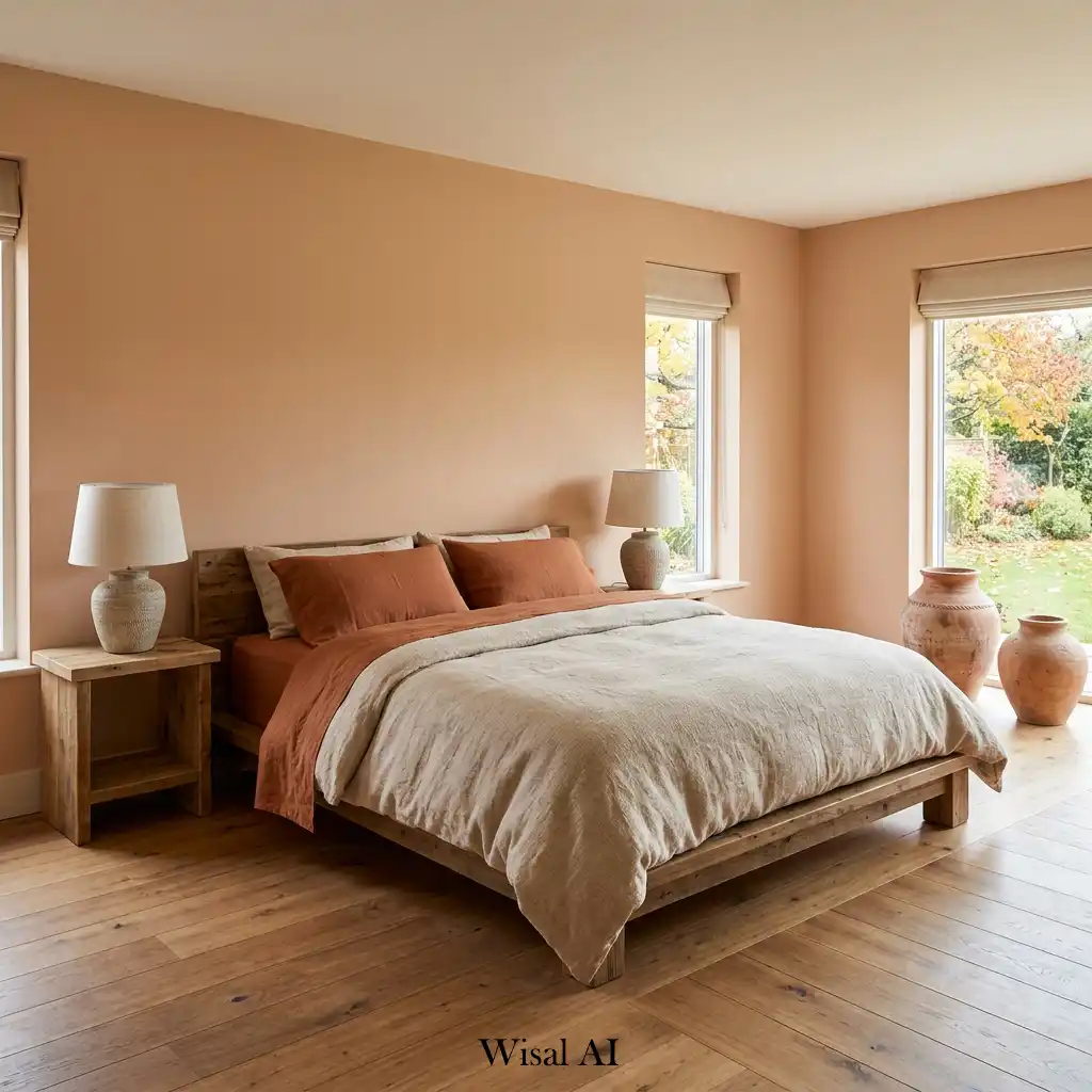 Earthy bedroom styled with clay pottery and terracotta decorative accents.
