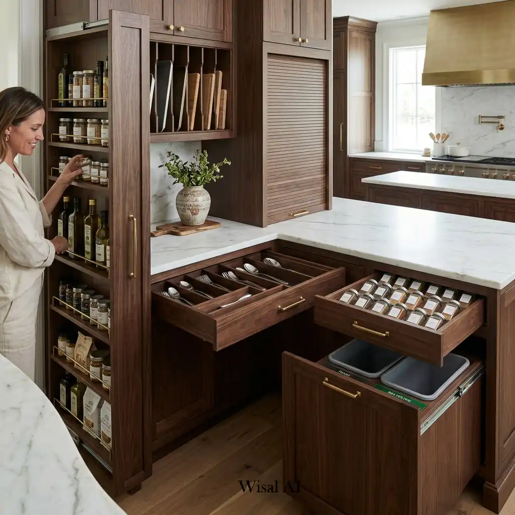 Organized kitchen featuring hidden storage solutions that keep surfaces clean and clutter-free.