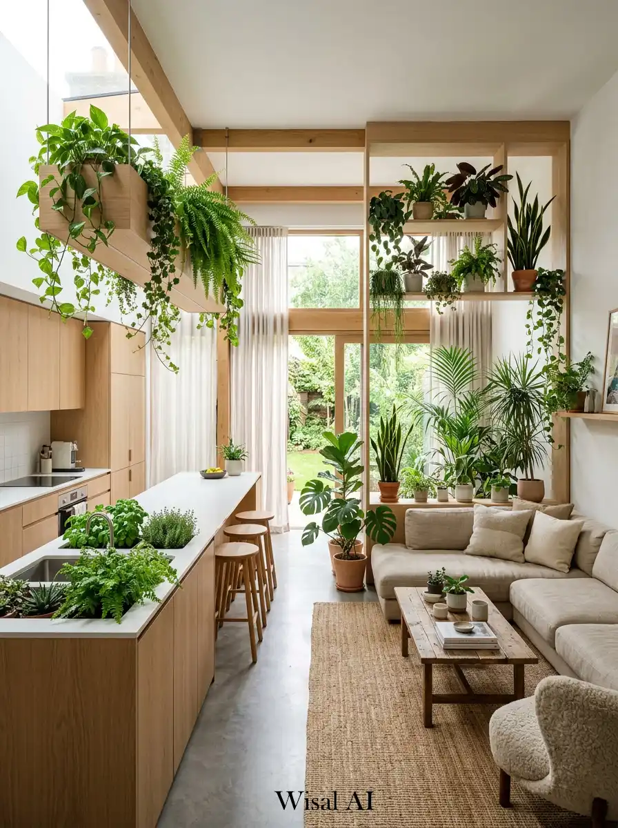 14. Green Natural Elements Modern Open-Plan Kitchen and Living Room Idea