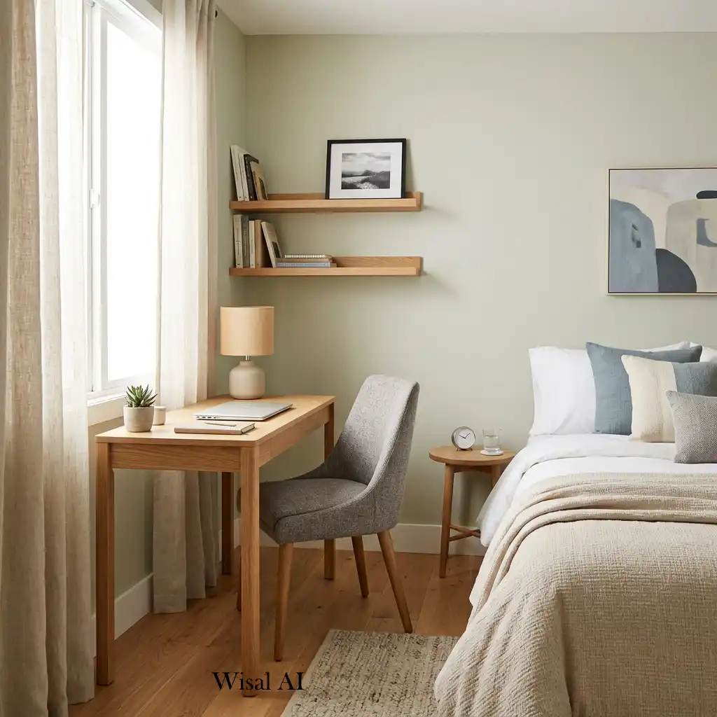 Guest bedroom with a compact workspace and functional layout.