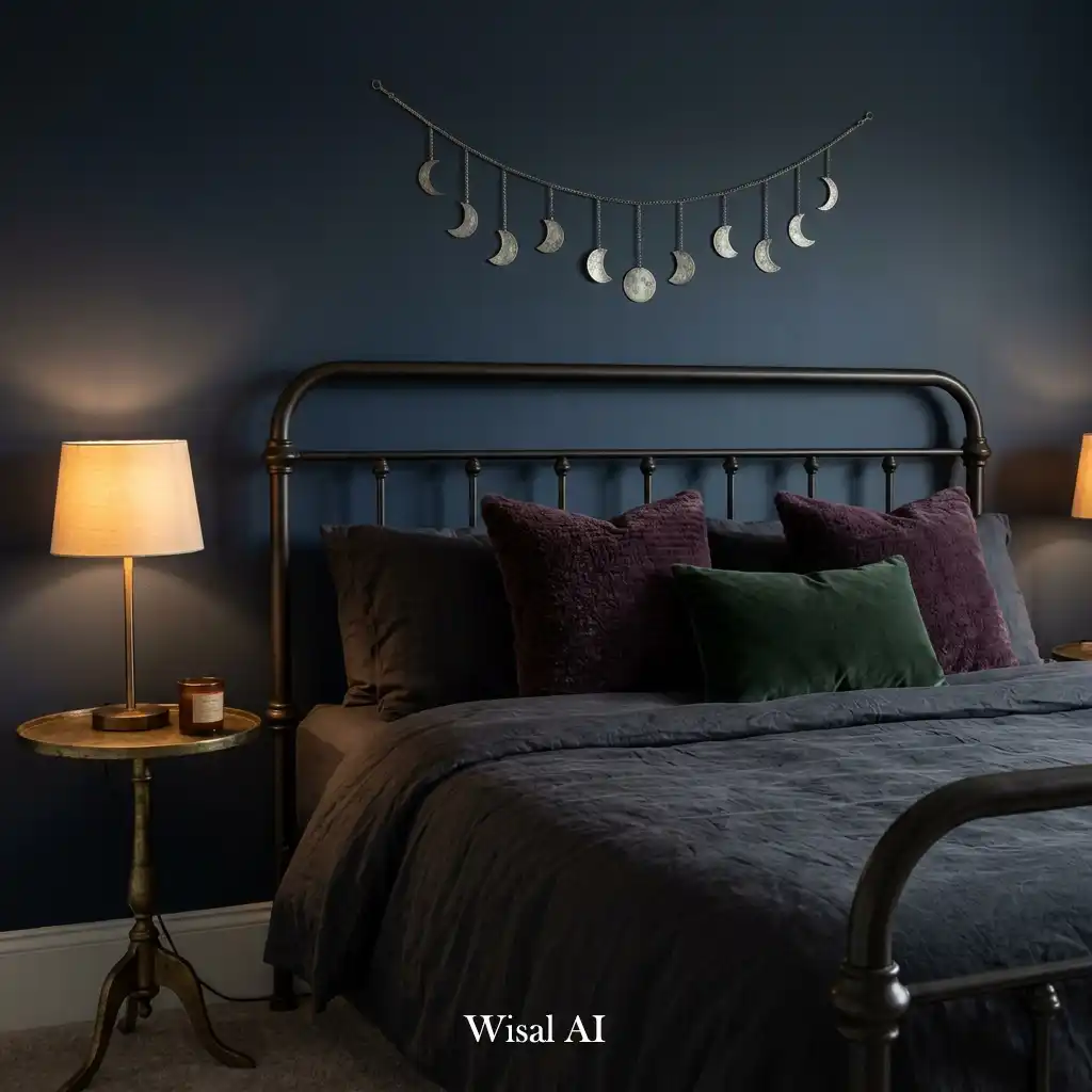 Halloween bedroom decorated with dark botanical arrangements and foliage.