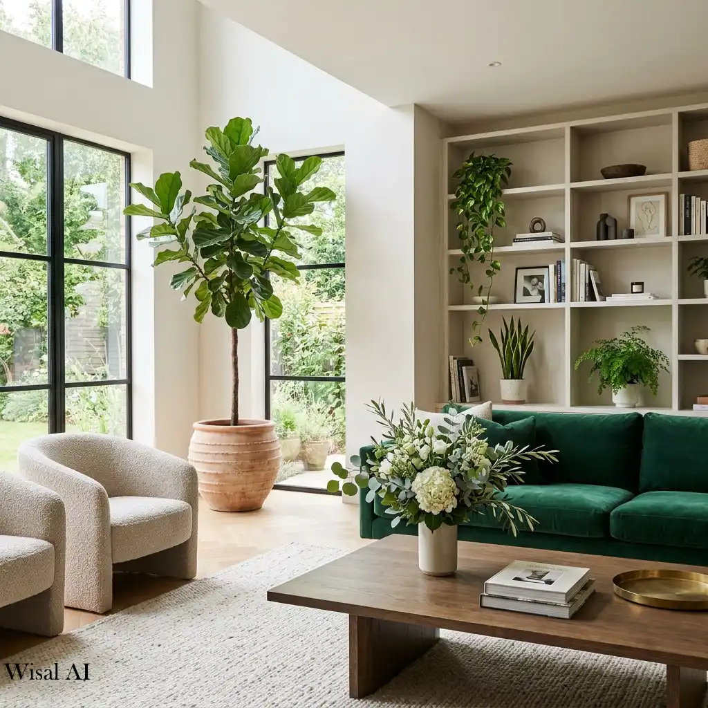 Luxury living room with indoor plants and fresh greenery.
