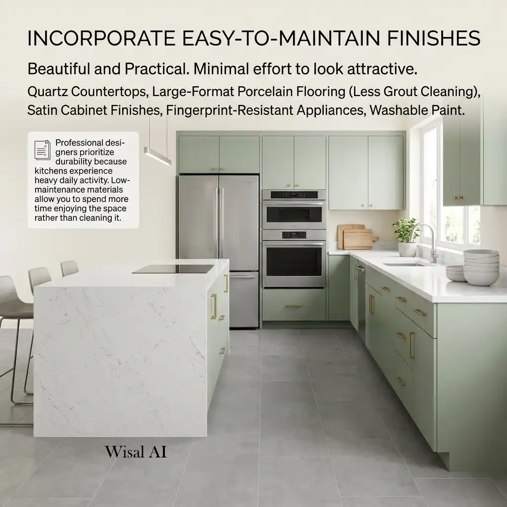 Elegant kitchen designed with low-maintenance materials including quartz countertops, porcelain flooring, and fingerprint-resistant appliances.