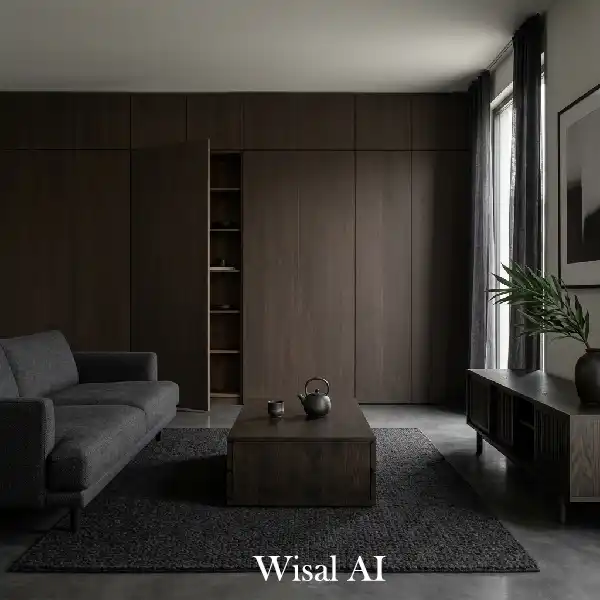 Minimal dark space with natural plants and wood elements