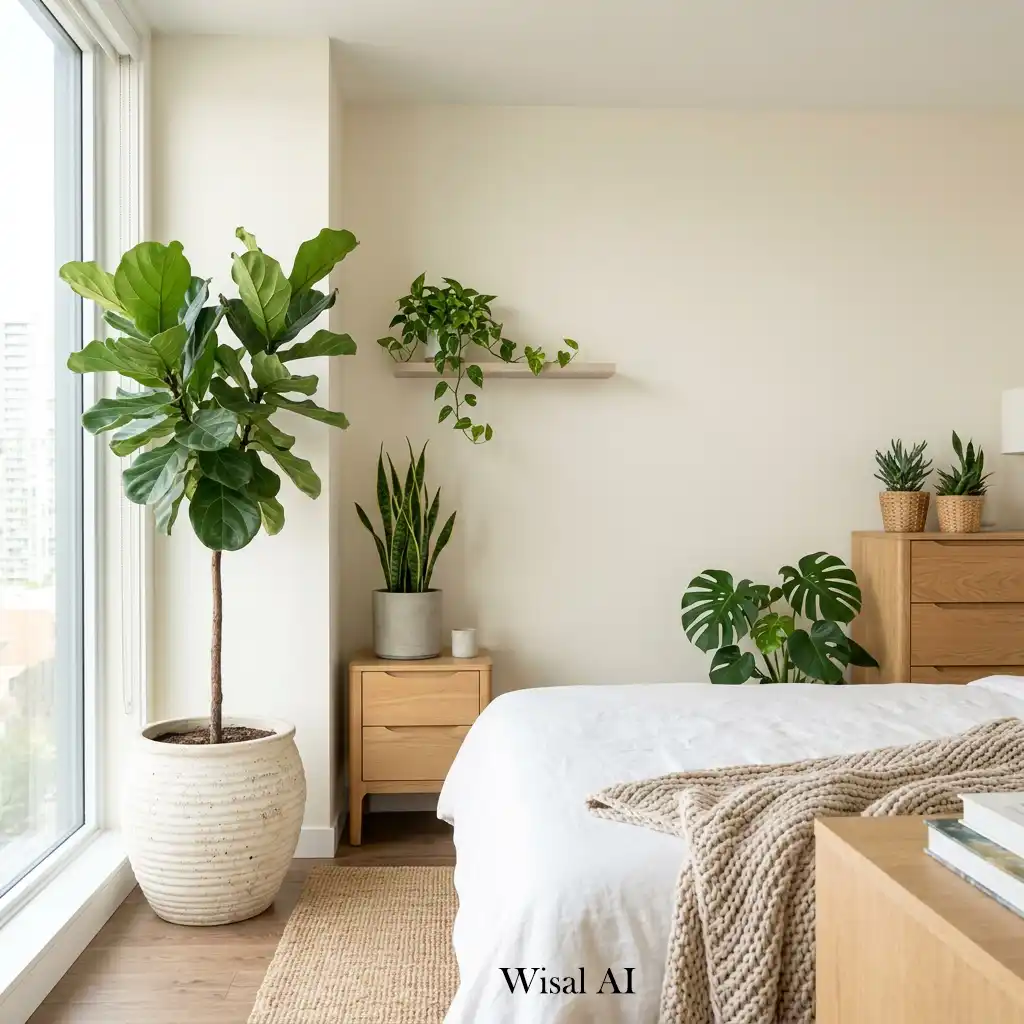 Bright bedroom decorated with large indoor plants and natural light.