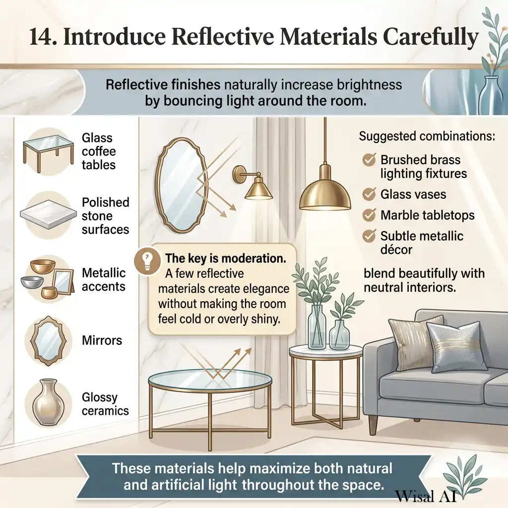 Luxury living room with reflective glass and metallic decorative accents.