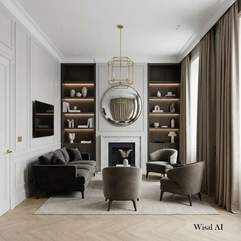 Custom wall paneling and floor-to-ceiling curtains in an elegant living room.