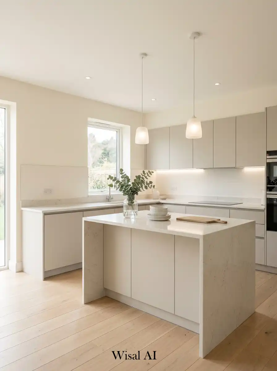 Minimal kitchen featuring ivory tones and light greige cabinetry in a soft luxury style.