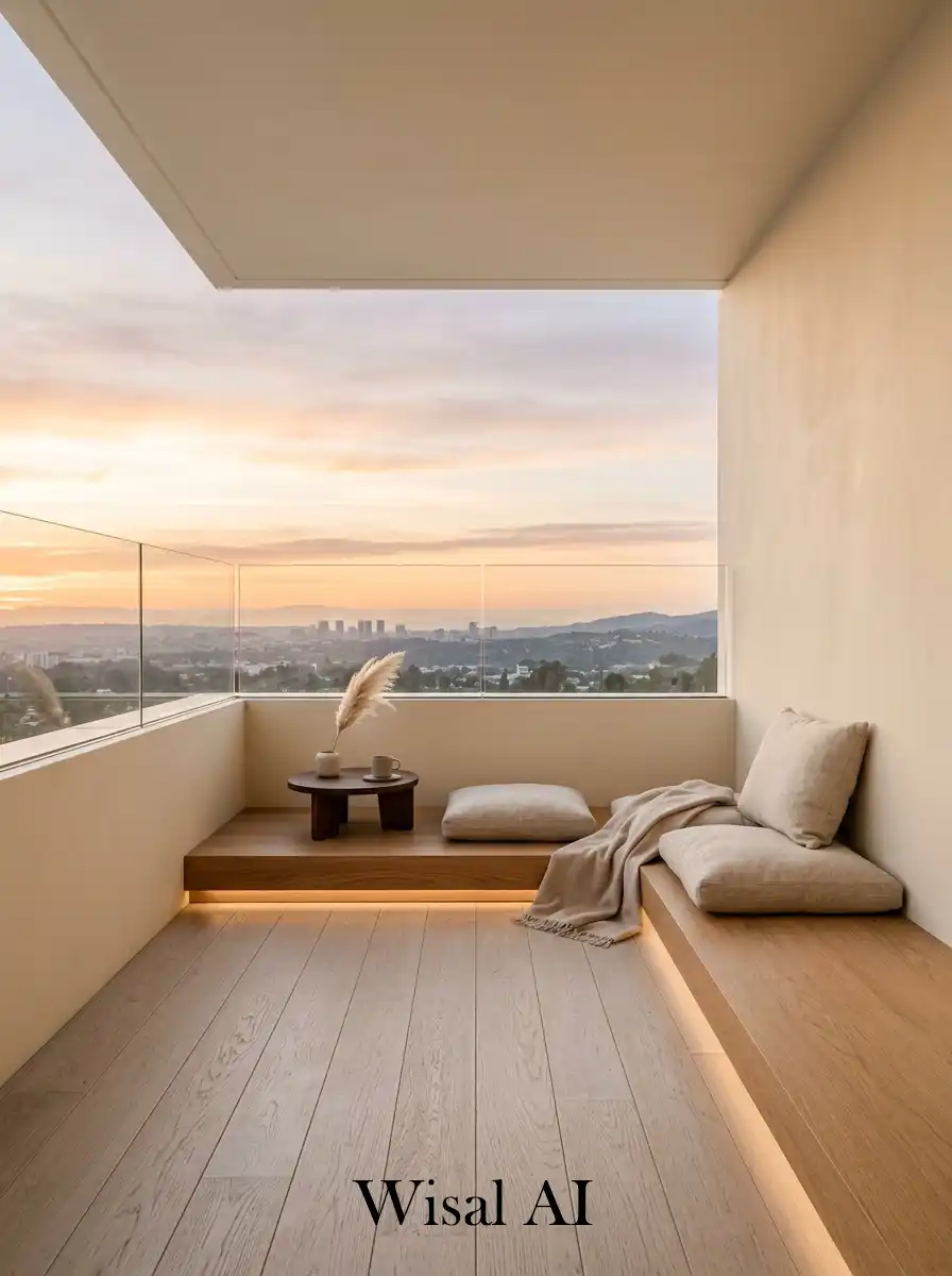 Simple Japandi balcony with low furniture and open view emphasizing calm horizon and minimal design.