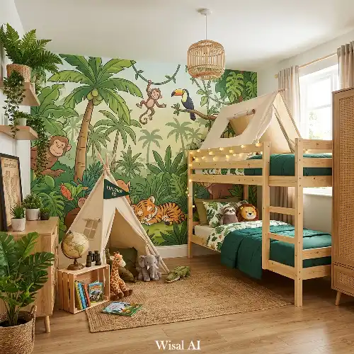 Jungle explorer kids bedroom with tropical leaves, animal elements, and green accents