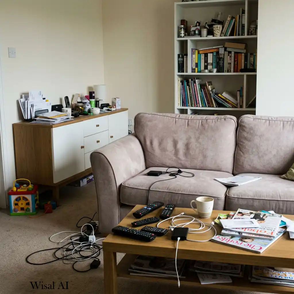 Organized living room with built-in storage and clutter-free surfaces.