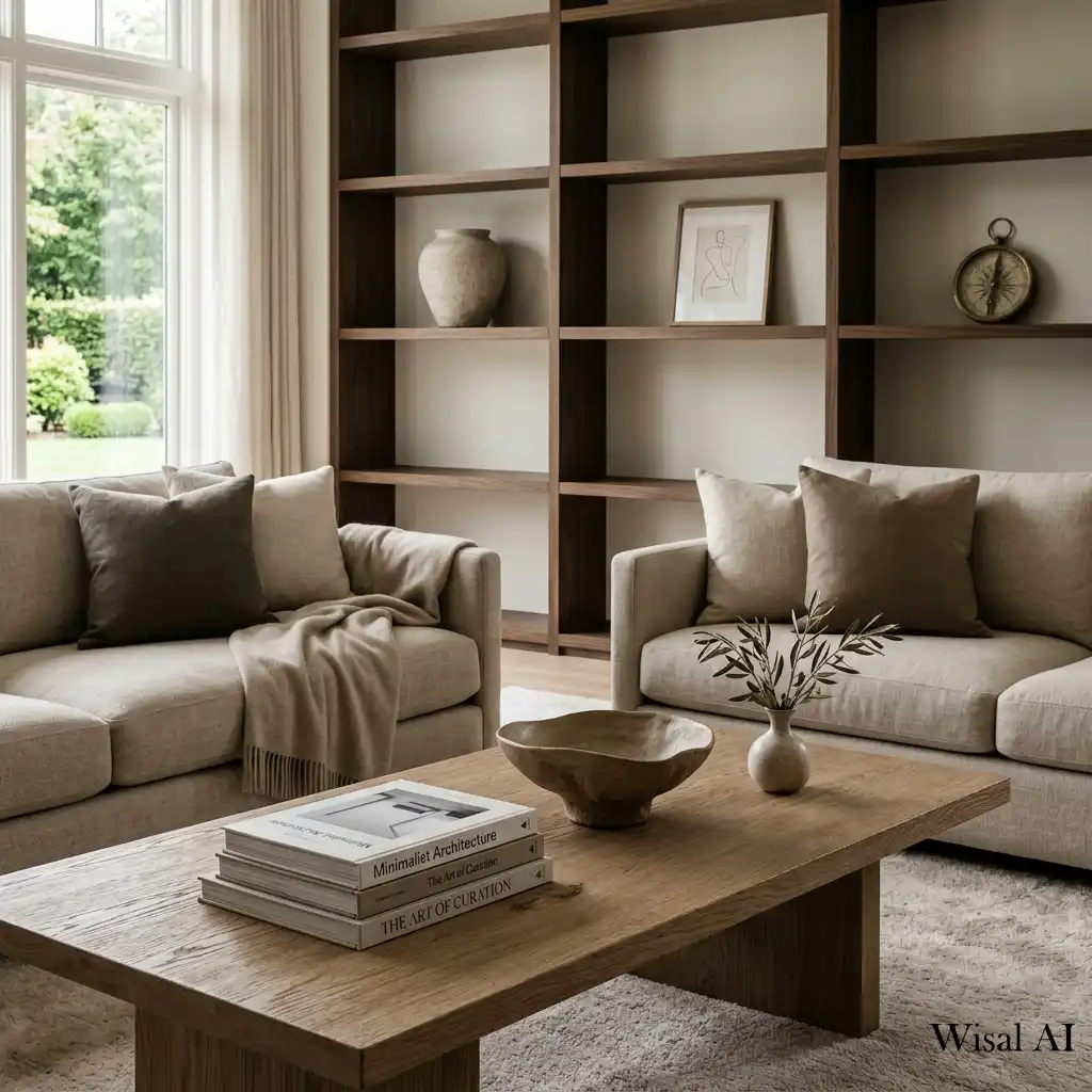 Intentionally styled coffee table and built-in shelving.