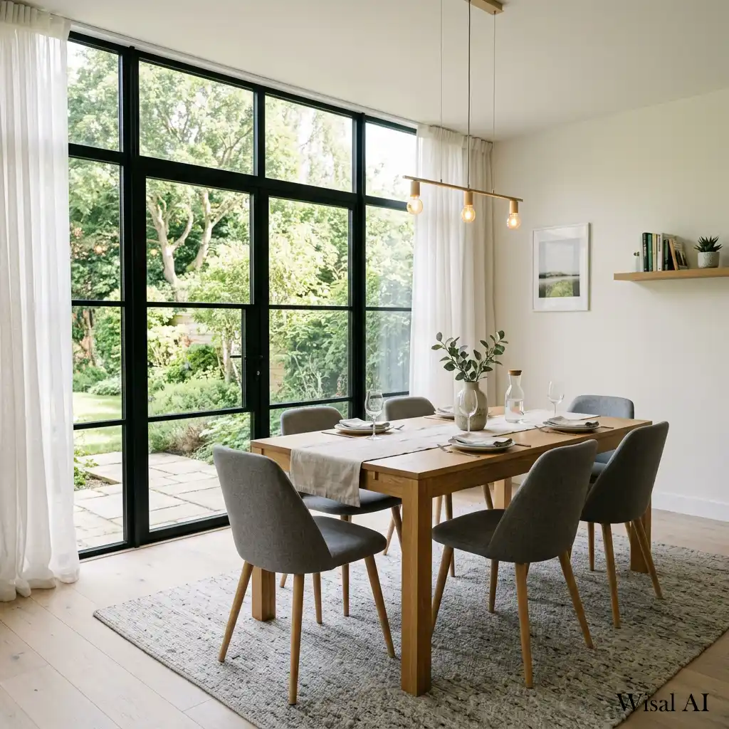 Bright dining room with large floor-to-ceiling windows and abundant natural light
