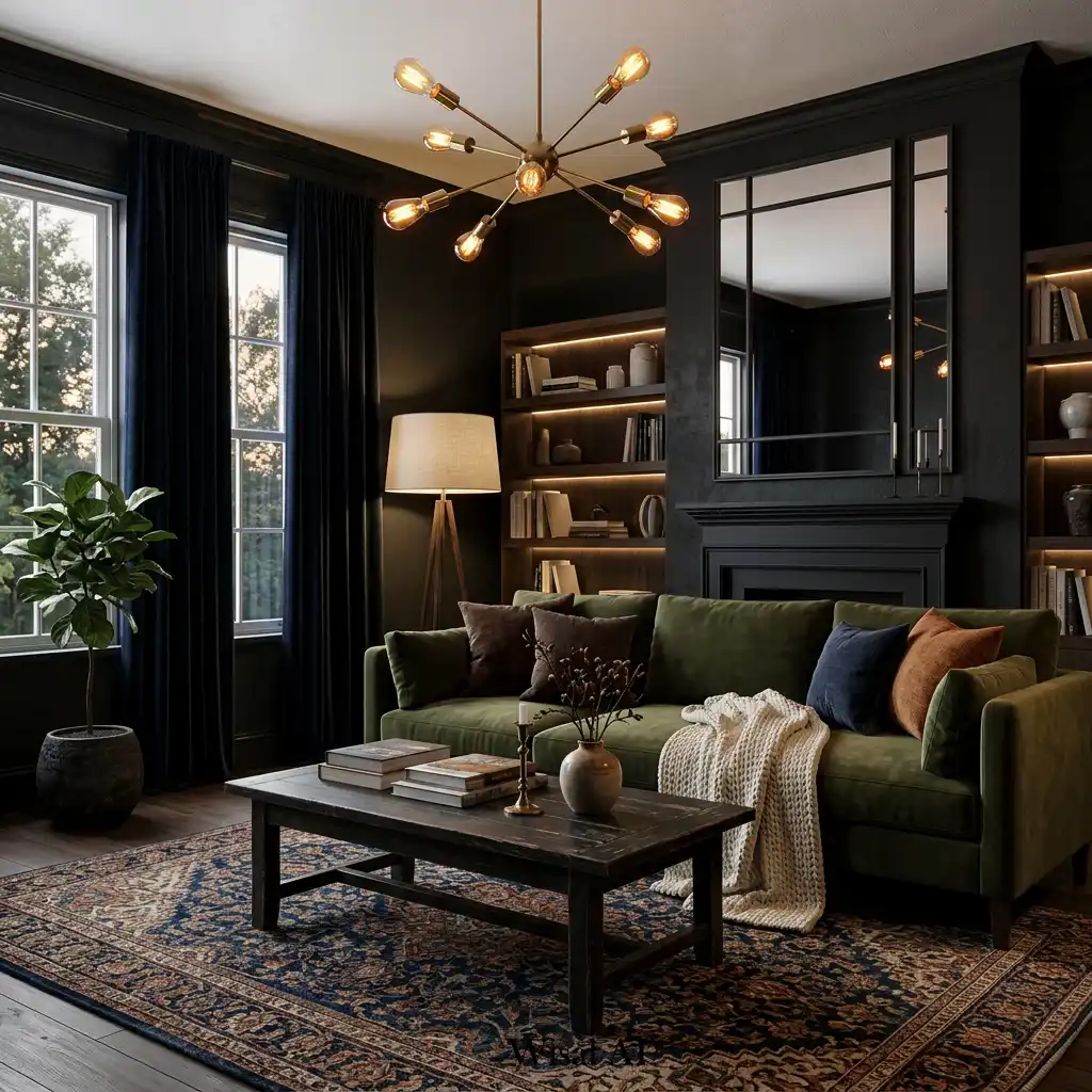 Moody living room with deep charcoal and olive color palette