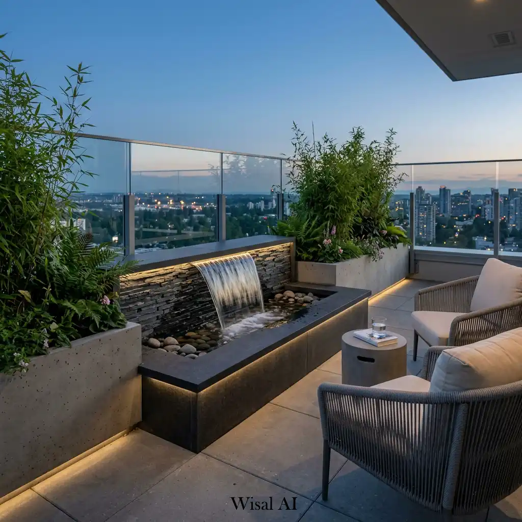 Contemporary balcony featuring a modern water feature and urban skyline