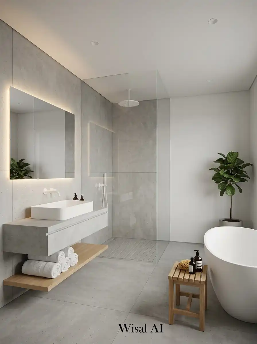 Minimal bathroom with matte white finishes concrete textures and sleek modern spa-inspired architectural interior style.