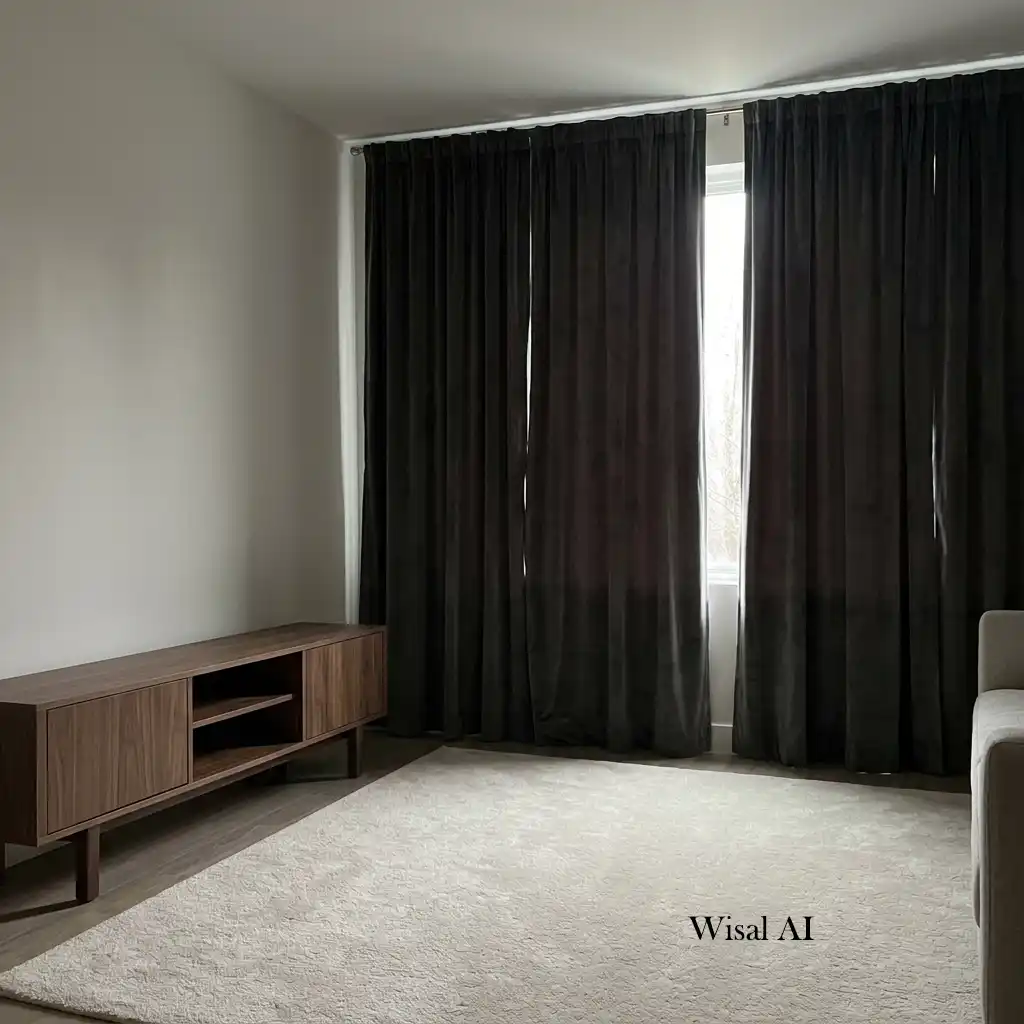 Bright living room with floor-to-ceiling curtains and walnut finishes.