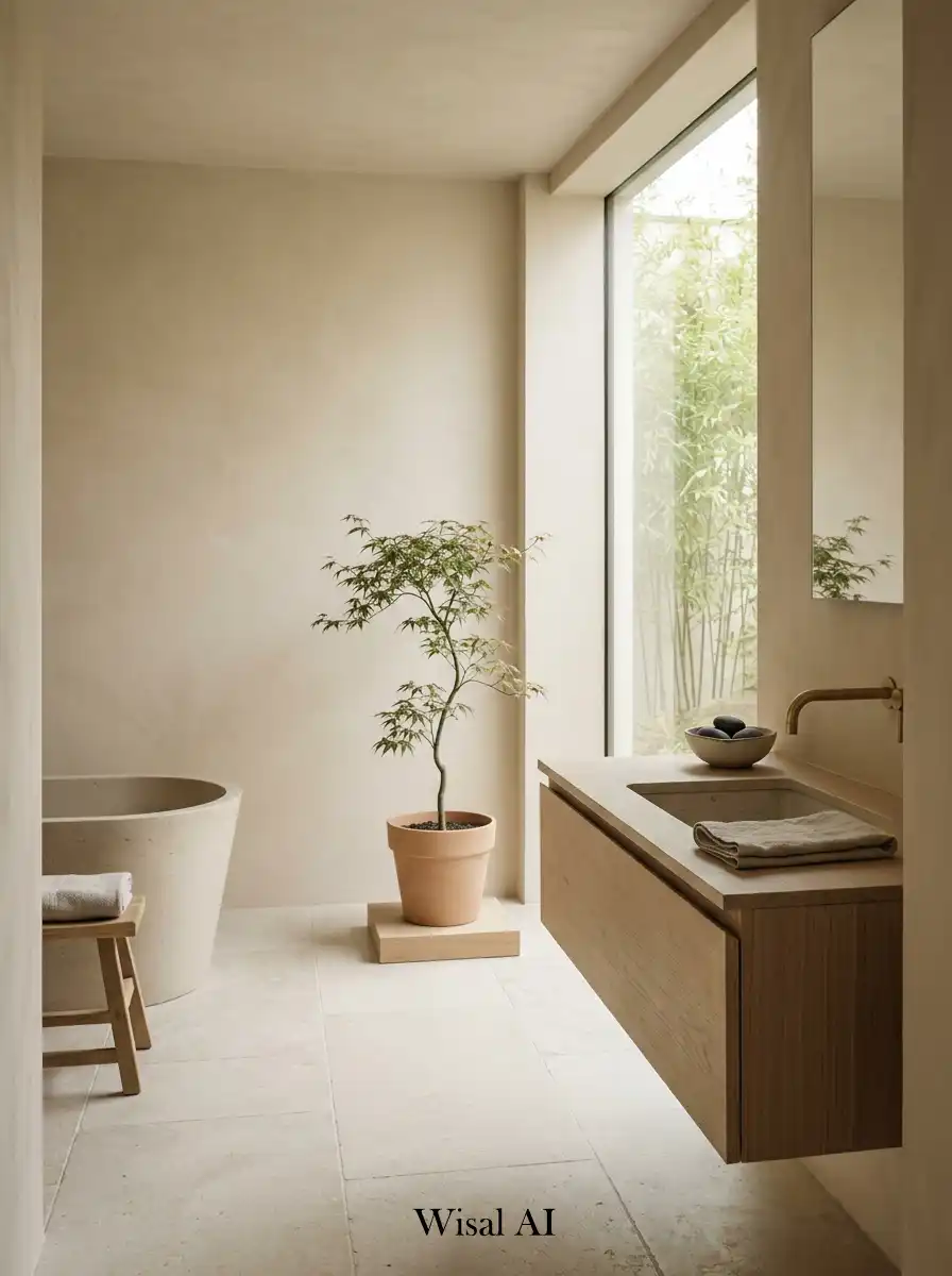 Minimal bathroom décor with organic accessories clean surfaces and visually calming spa-inspired modern interior design.