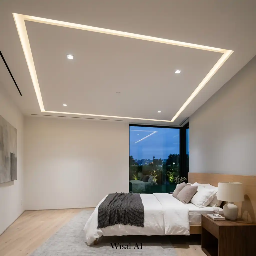 Minimalist bedroom with a white ceiling and elegant architectural shadow gaps.