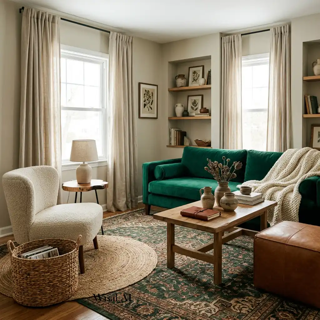 Modern living room mixing emerald green, linen, wood, and brass.