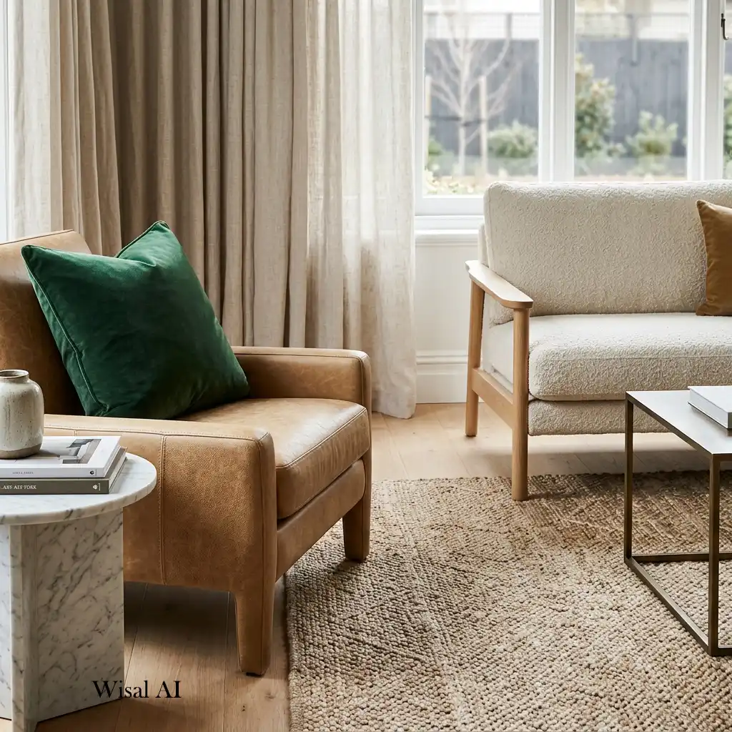 Living room mixing velvet, wood, marble, and charcoal gray finishes.