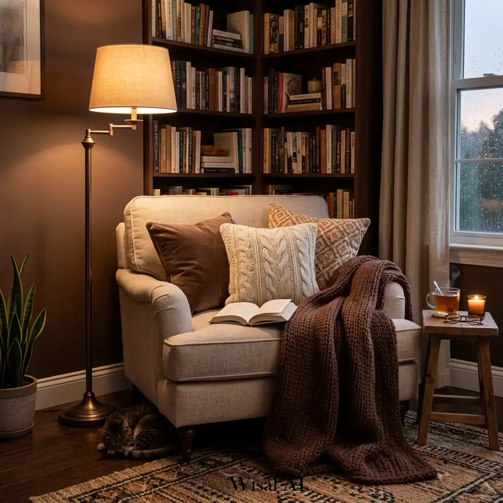 Cozy mocha reading nook in small modern apartment