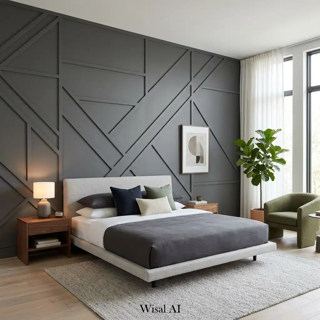 Modern bedroom with geometric wall molding and minimalist décor.