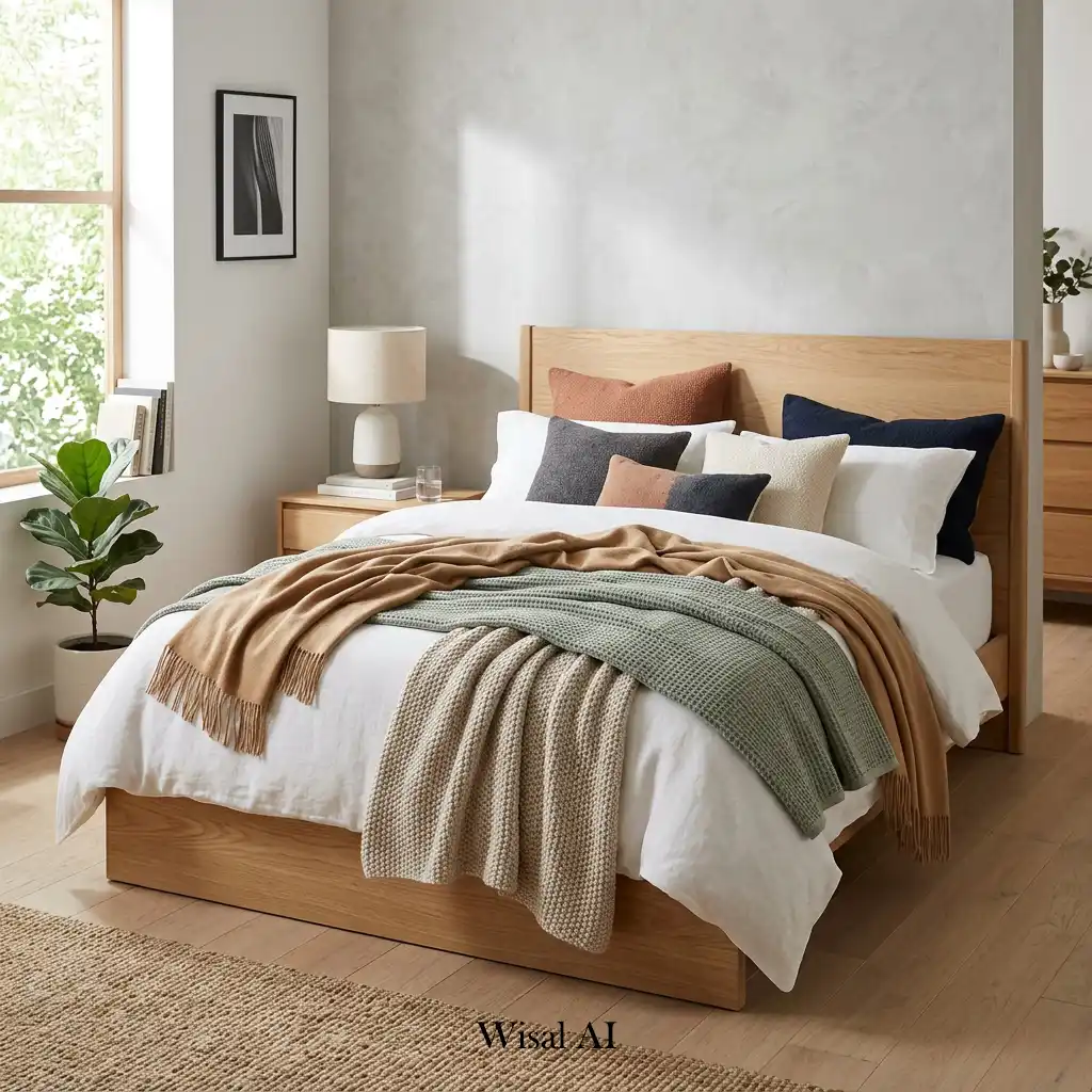 Modern bedroom with layered throw blankets and soft textiles.