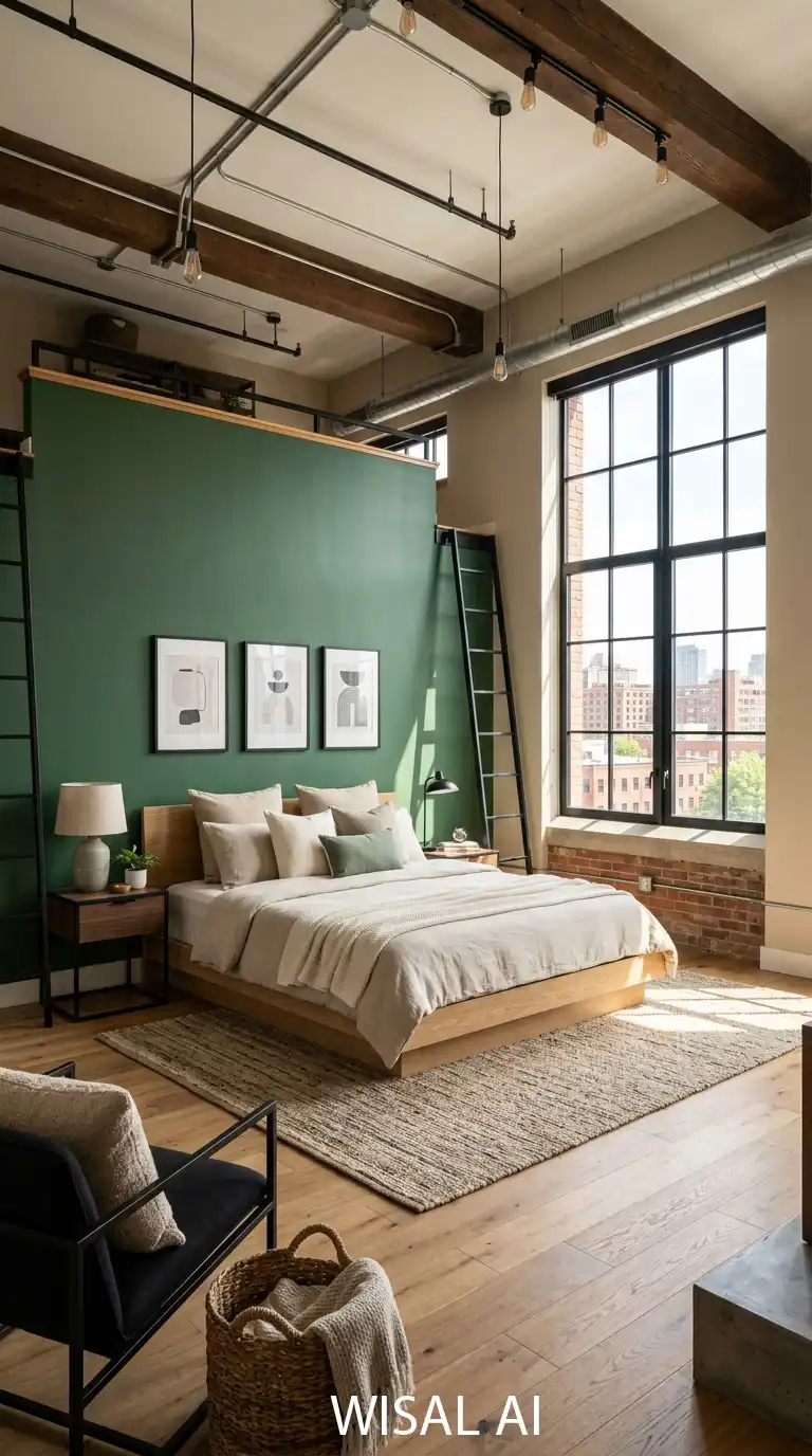14. Modern Beige Loft Bedroom with Green Accent Wall