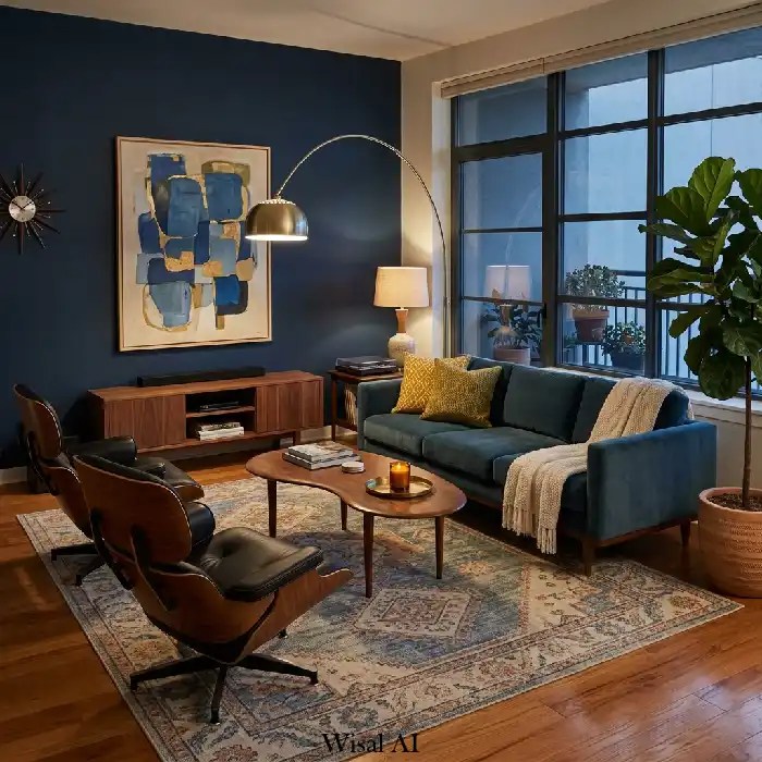 Warm cozy living room with moody blue sofa and layered textures