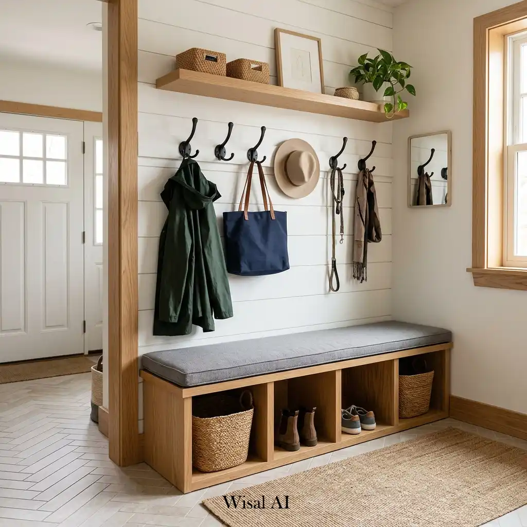 Functional mudroom with decorative wall hooks and efficient entryway organization