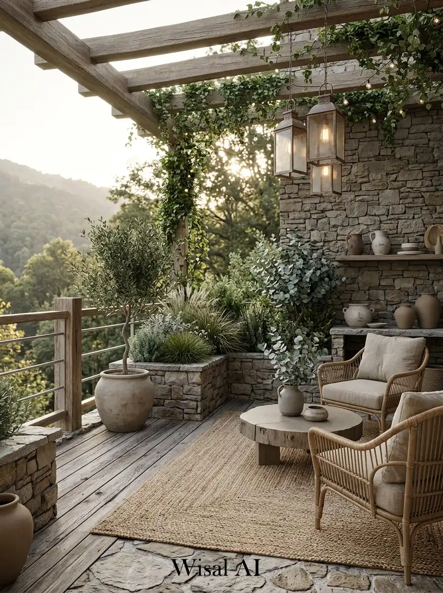 Natural balcony design featuring stone textures, wood materials, and calming greenery.