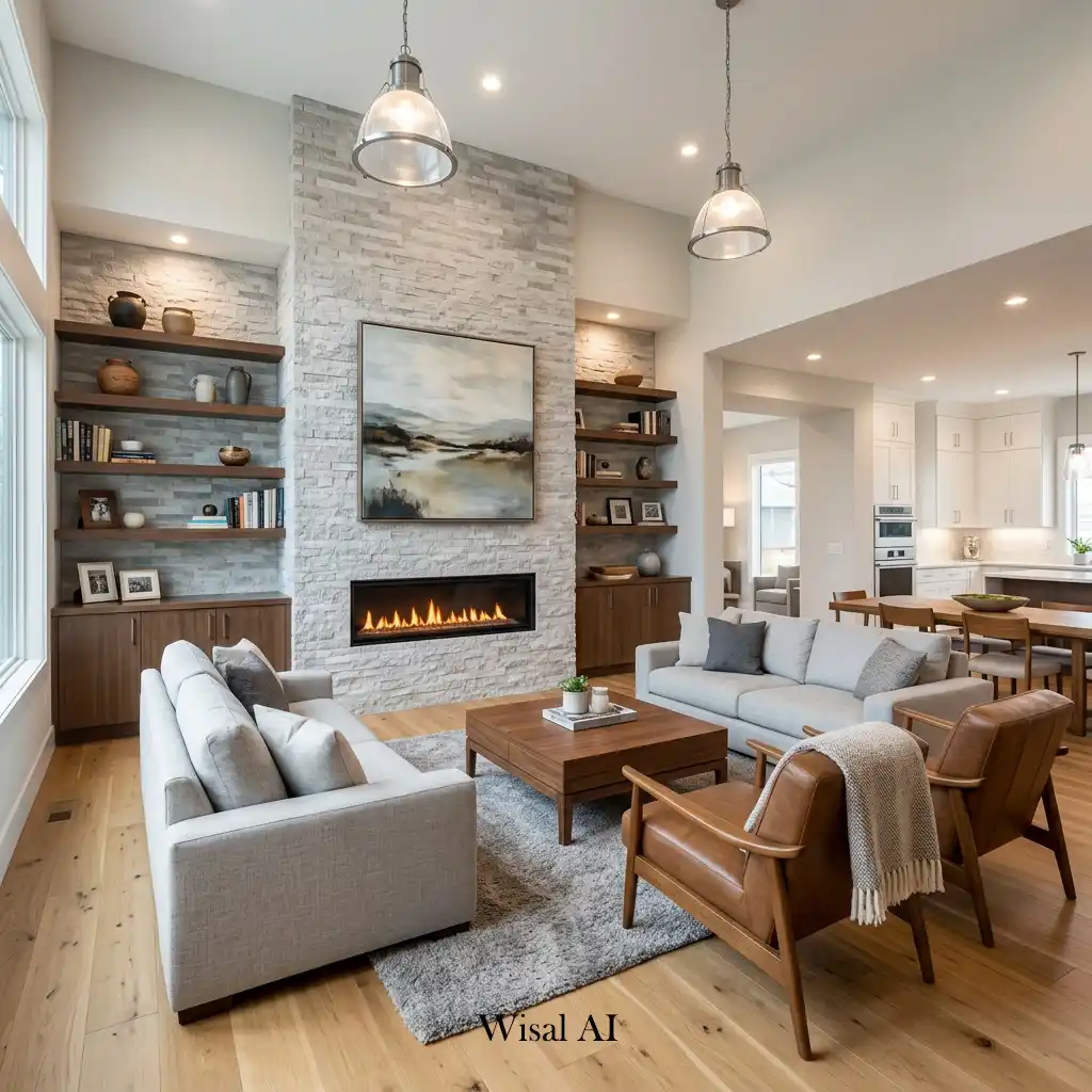Modern open living room centered around an elegant fireplace feature