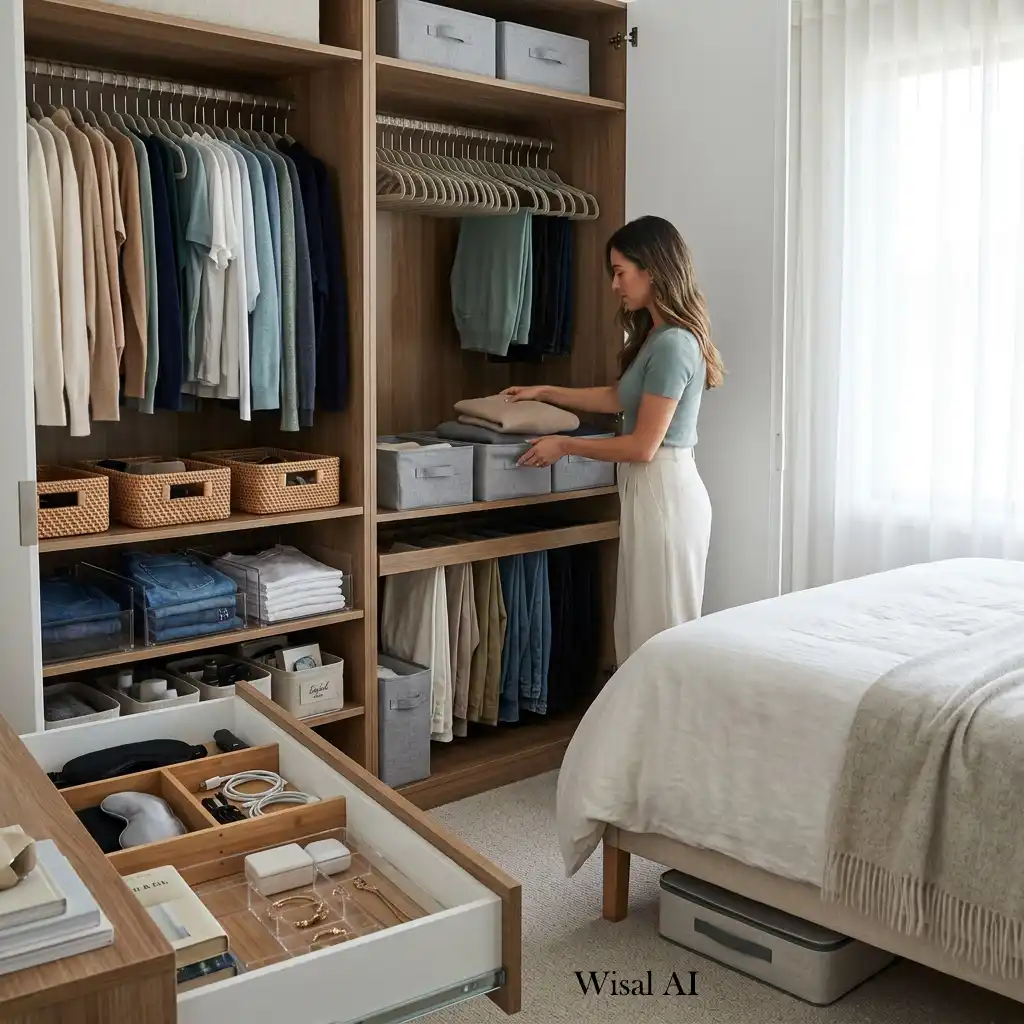Organized bedroom with hidden storage solutions keeping every surface neat and clutter-free.