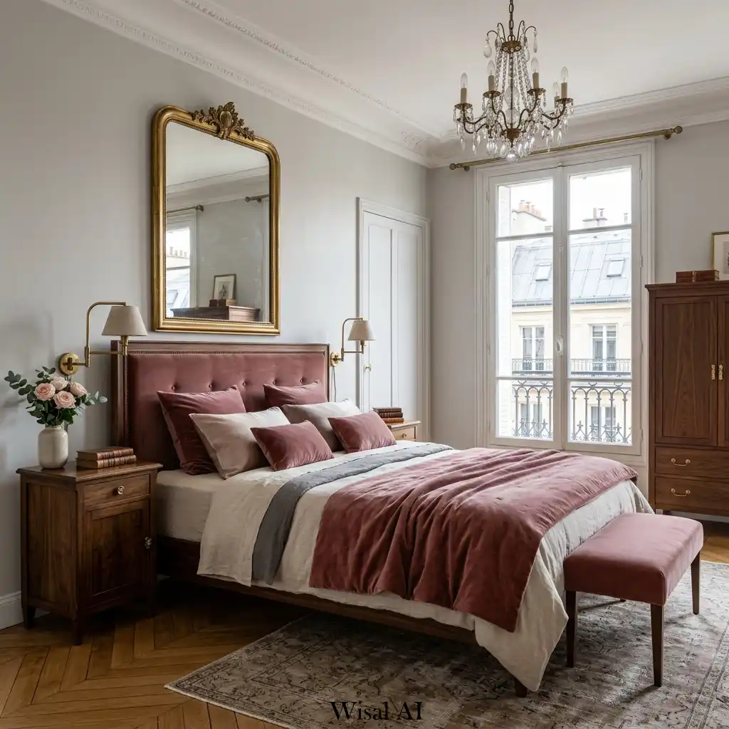Parisian inspired bedroom with dusty rose velvet and walnut accents