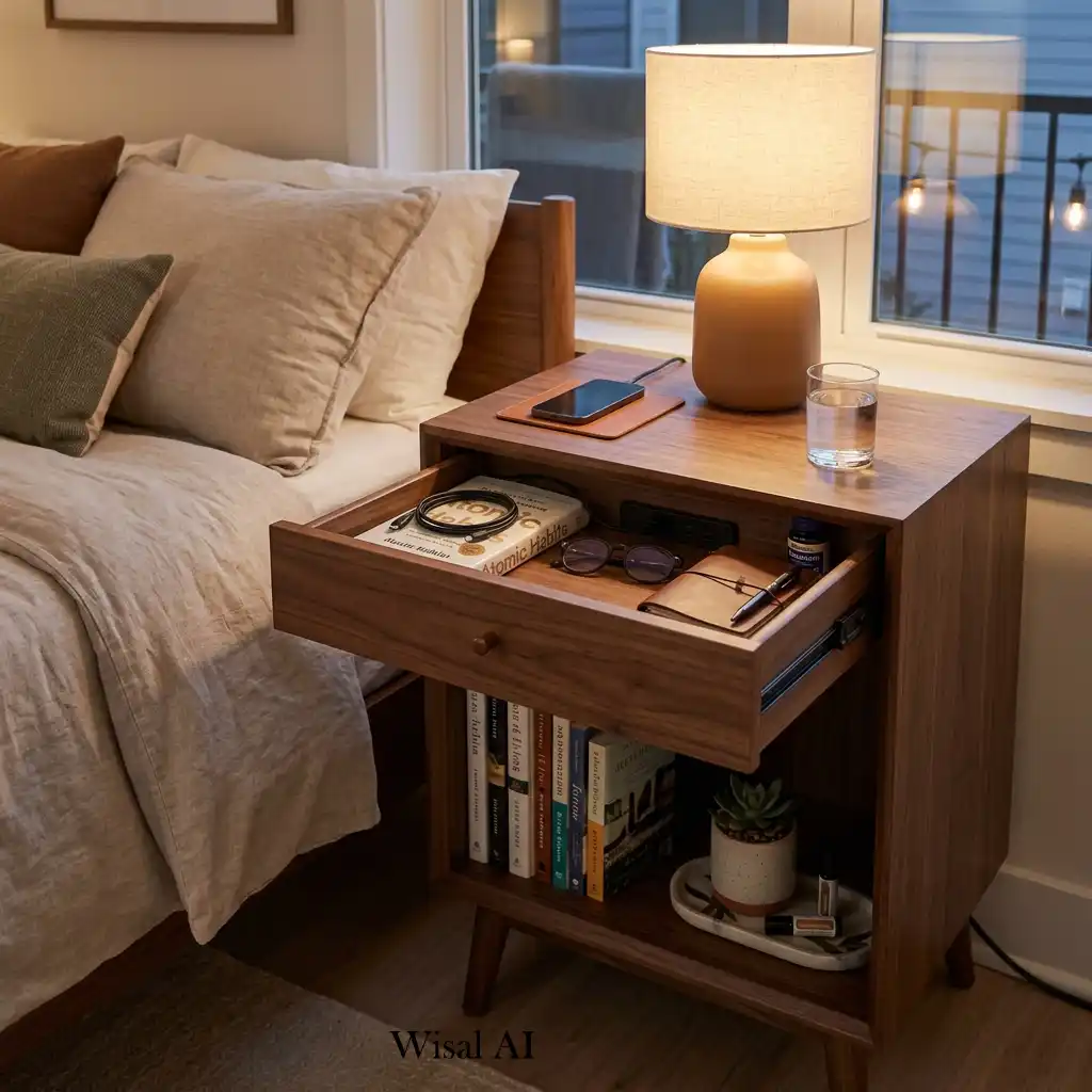 Organized bedside table with drawers and built-in storage.